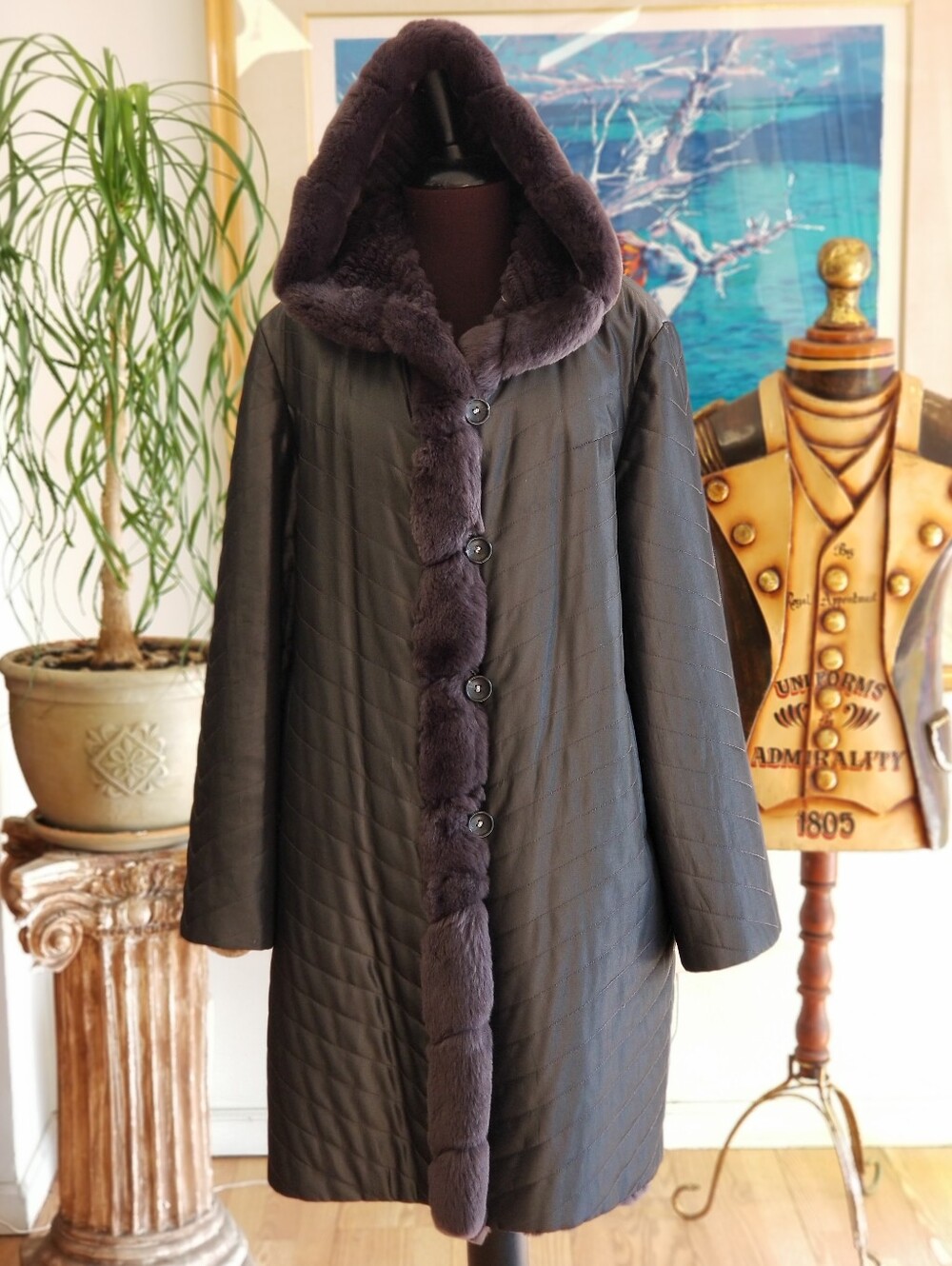 Reversible Rabbit Fur Coat With Hood in Gray - Picture 5 of 12